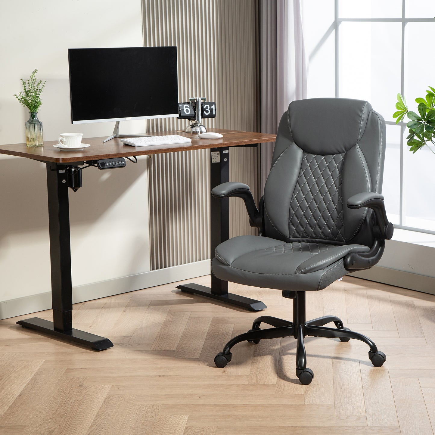 Faux Leather Office Chair. with Flip-Up Armrests - Charcoal Grey