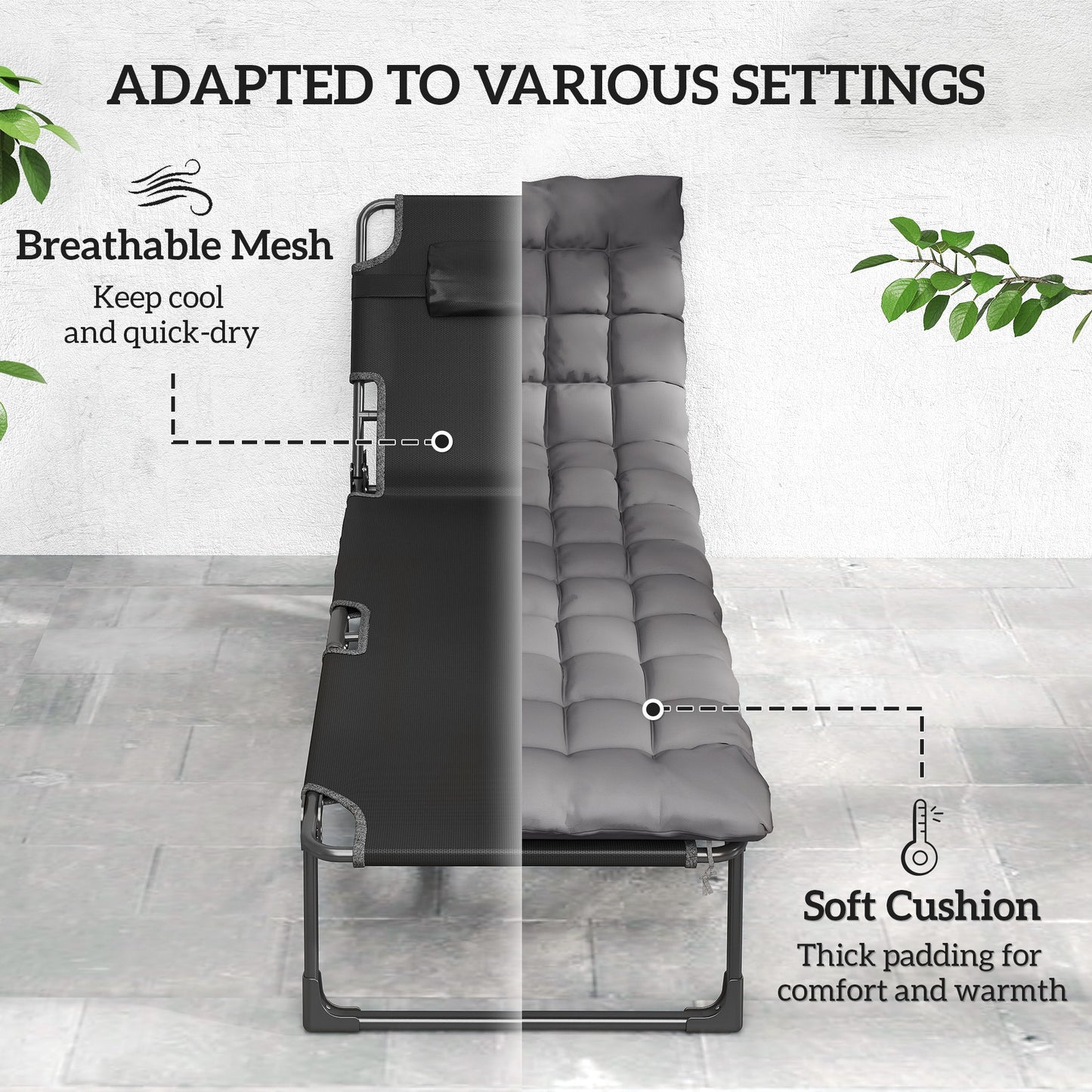 Folding Sun Loungers for Garden Set of 2, 5-Position Oversized Camping Bed Recliner with Cushions, Dark Grey