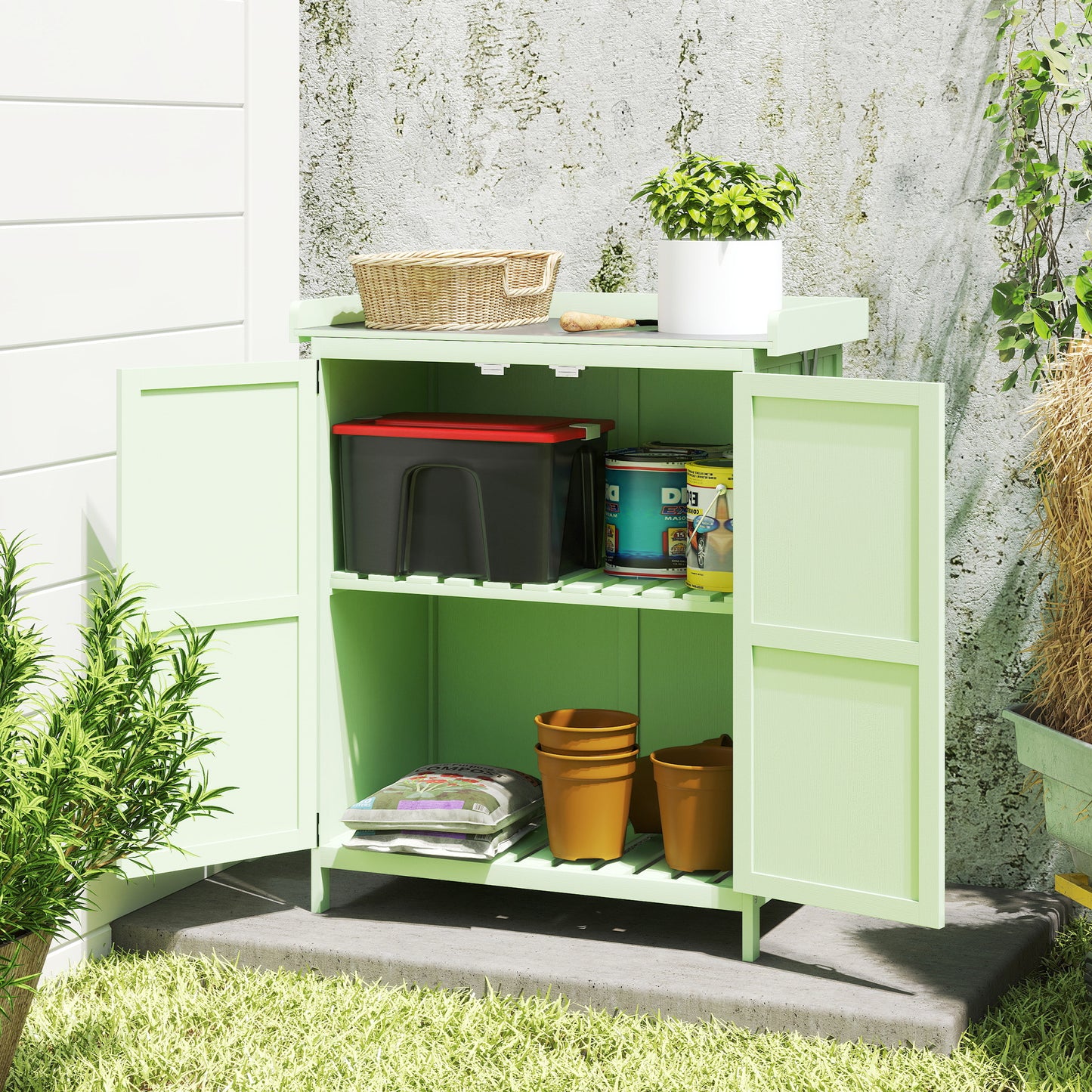 Wooden Garden Shed, Garden Tool Storage Shed with Hinged Roof and Shelf, Outdoor Storage Cabinet with Double Doors