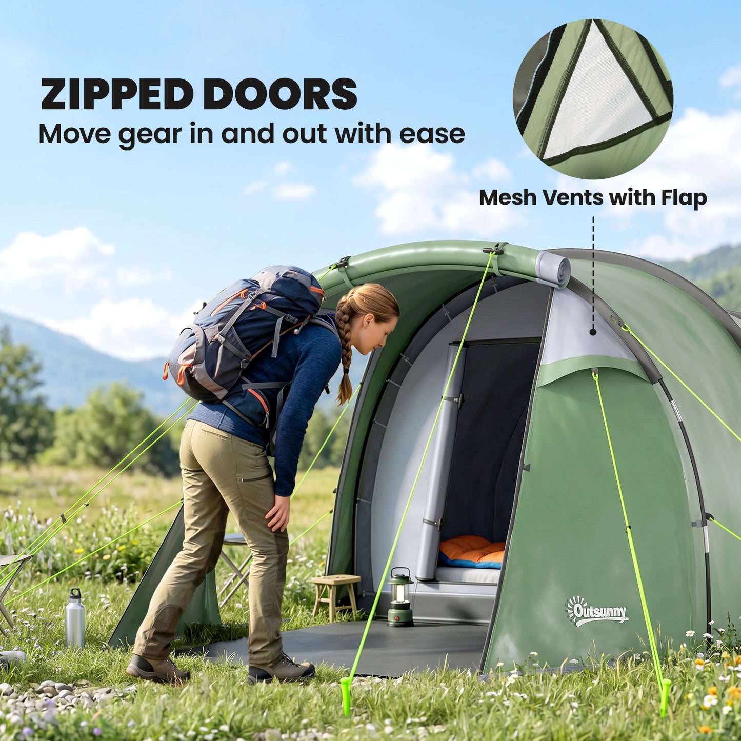 2 Man Tunnel Tent with Sewn-in Groundsheet, Air Vents, Rainfly, 2000mm Large Camping Tent with Bedroom, Porch