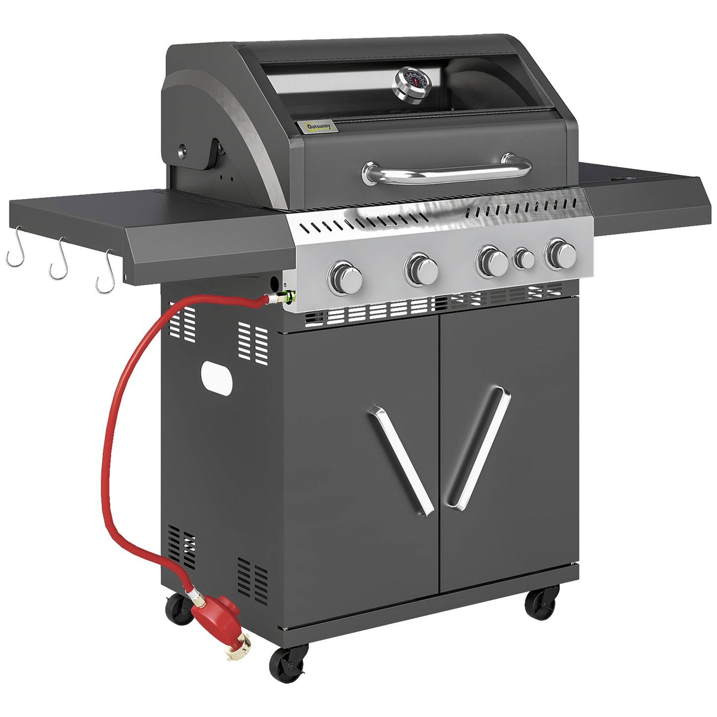 4+1 Burner Gas BBQ Grill with Clear View Lid, Portable Gas Barbecue Grill with Built-in Thermometer, Side Table, Cabinet