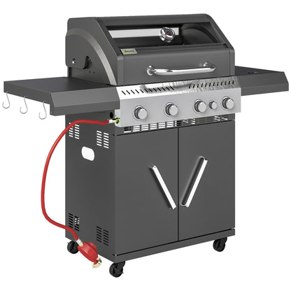 4+1 Burner Gas BBQ Grill with Clear View Lid, Portable Gas Barbecue Grill with Built-in Thermometer, Side Table, Cabinet