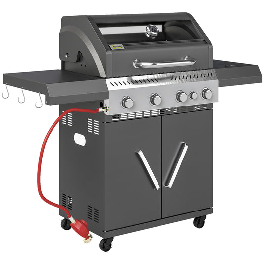 4+1 Burner Gas BBQ Grill with Clear View Lid, Portable Gas Barbecue Grill with Built-in Thermometer, Side Table, Cabinet