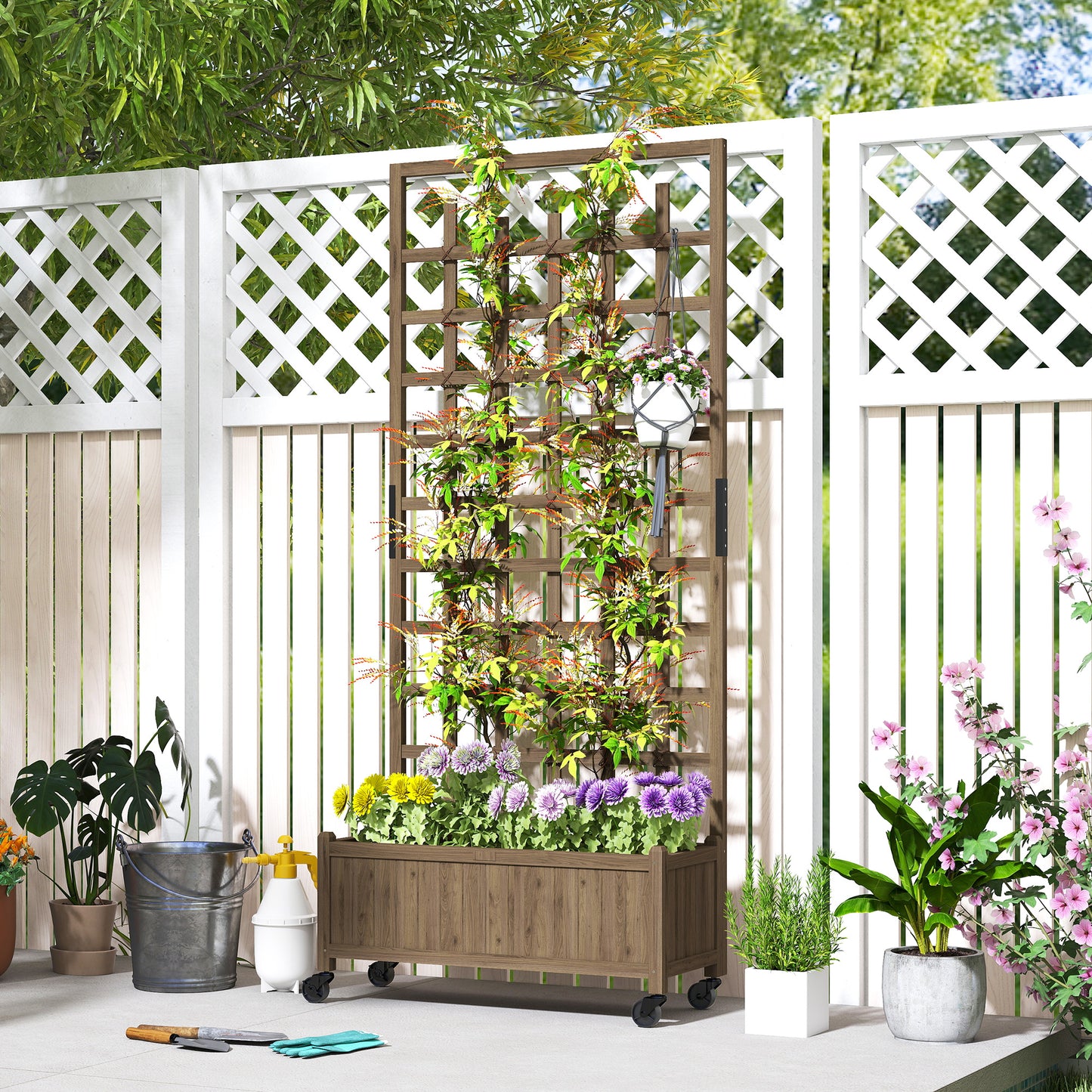 Wooden Trellis Planter, Raised Garden Bed with Wheels, to Climb and Grow Vegetables, Herbs and Flowers, Brown