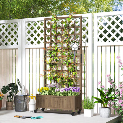 Wooden Trellis Planter, Raised Garden Bed with Wheels, to Climb and Grow Vegetables, Herbs and Flowers, Brown