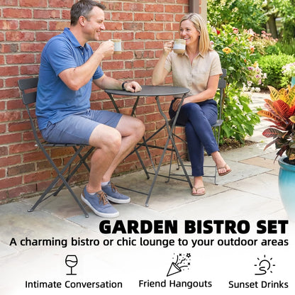 Folding Garden Bistro Set, Outdoor Round Bistro Table and Chairs Set 2 with Electrophoresis Metal Frame, Grey