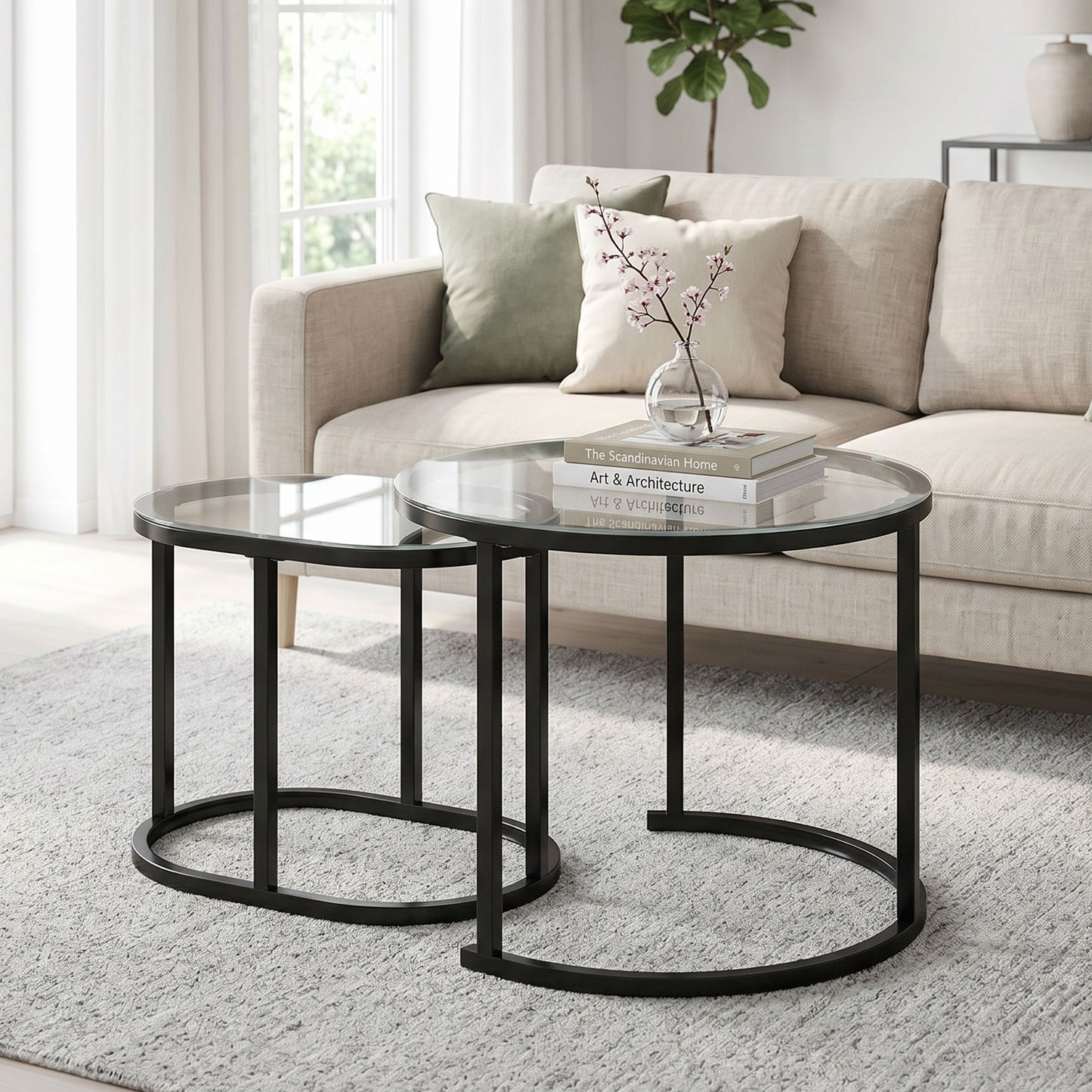 Nest of Tables with Steel Frame and Tempered Glass Tabletop, Modern Coffee Table Set of 2, Black