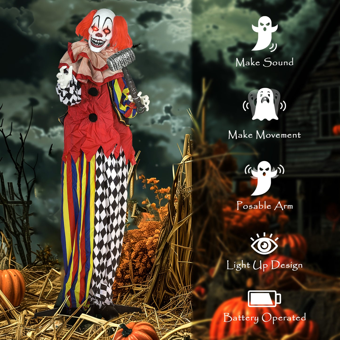 173 cm Life Size Halloween Animated Standing Clown & Hammer with Red Light Up Eyes, Sound Activated Moving Arms & Head
