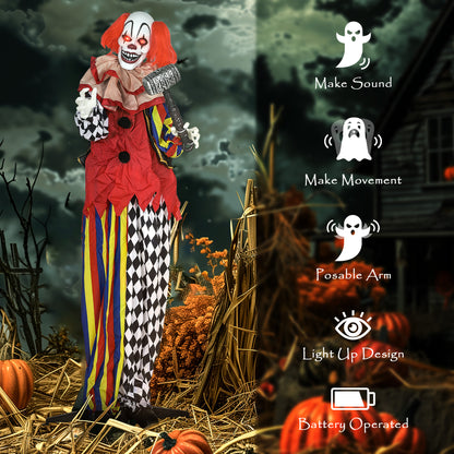 173 cm Life Size Halloween Animated Standing Clown & Hammer with Red Light Up Eyes, Sound Activated Moving Arms & Head