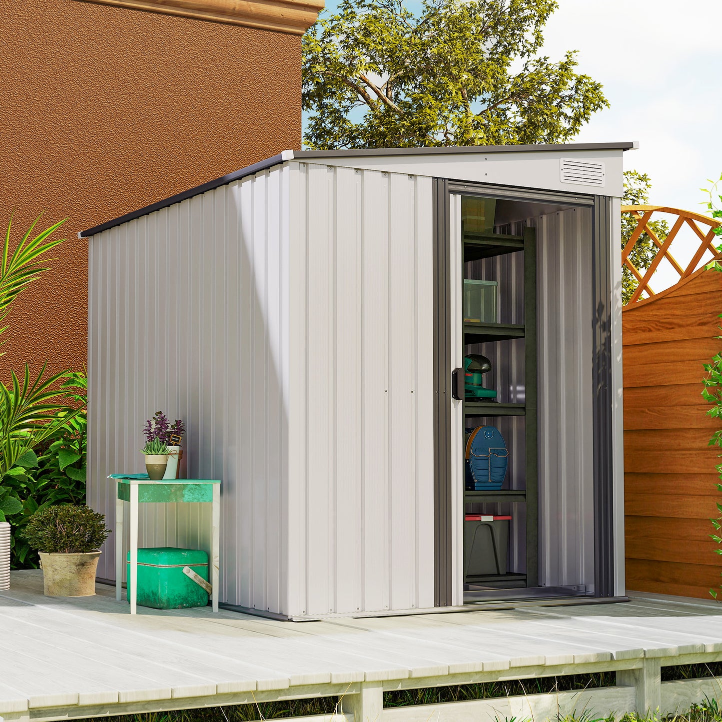 7 x 5ft Galvanised Metal Shed, with Sliding Door, two hooks and adjustable shelves - White