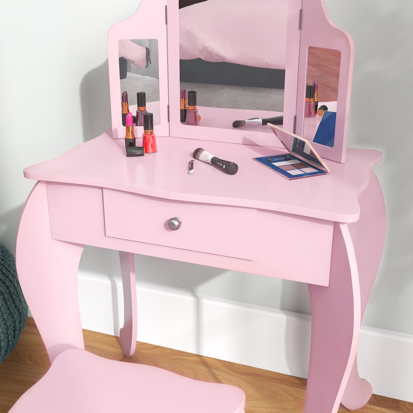 Kids Vanity Table and Chair Set with Tri-Folding Mirror and Stool, Makeup Dressing Table with Drawer, Pink