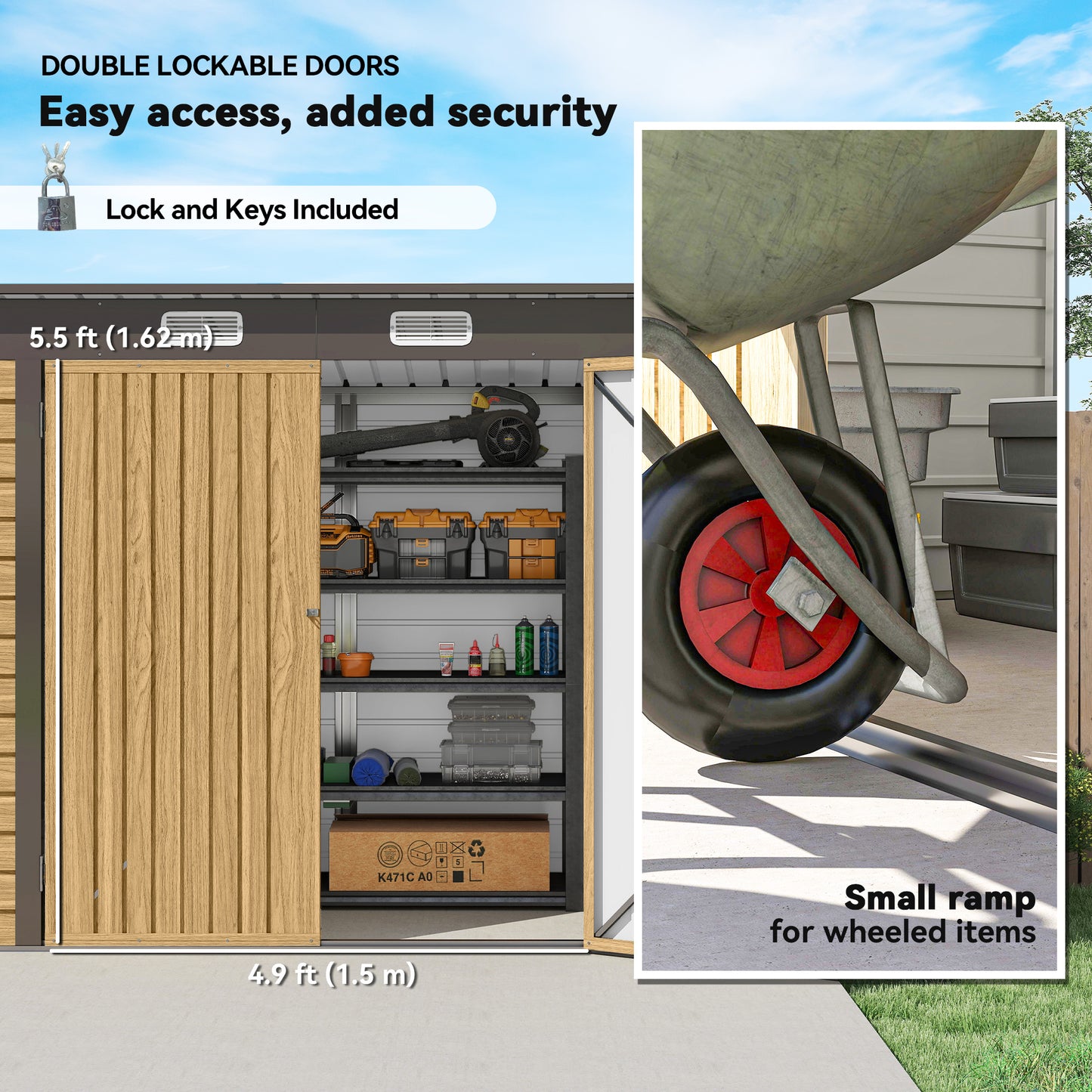 3.7 x 7.9ft Galvanised Steel Shed, with Latched Door and Padlock - Oak