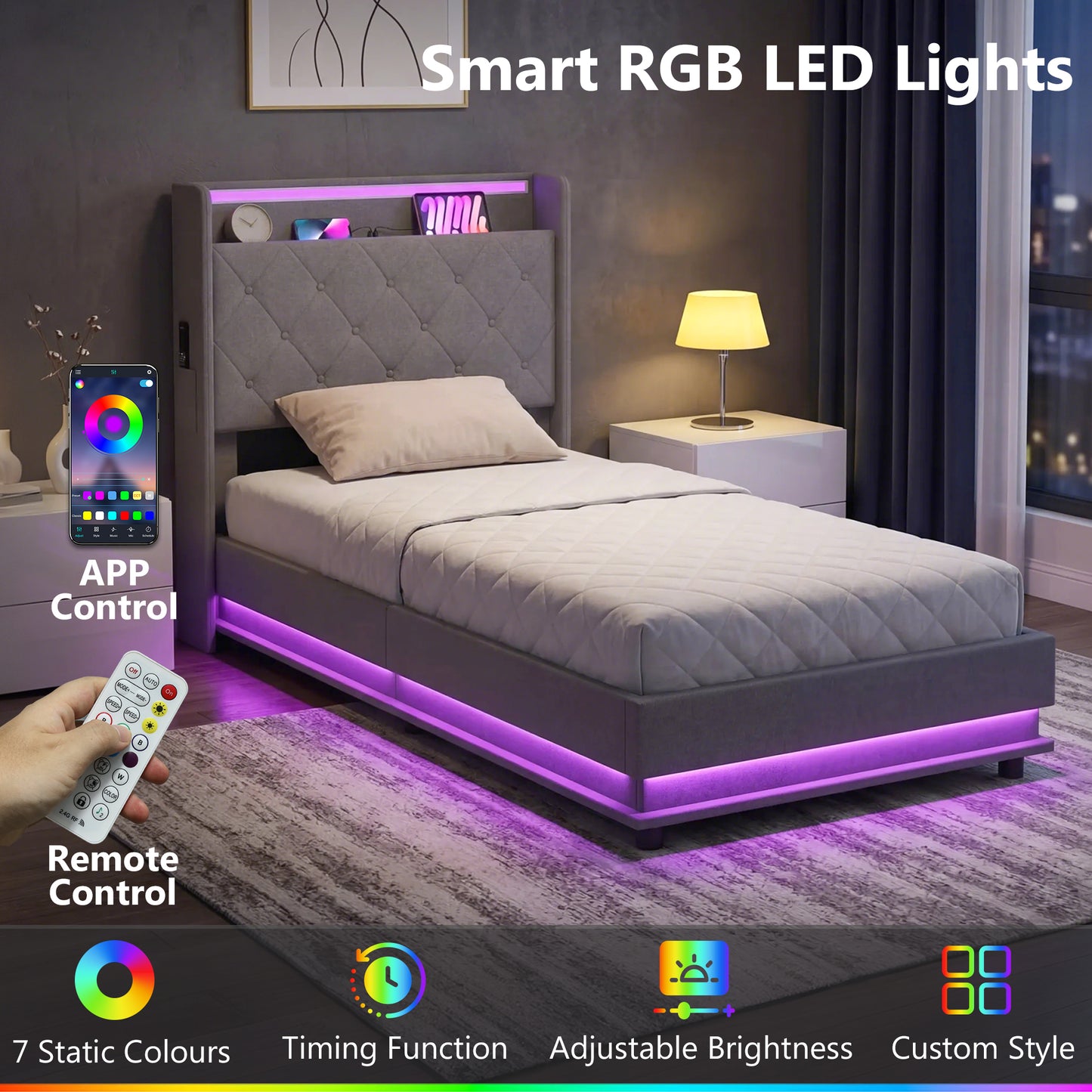 3ft Single Bed Frame with Headboard, Platform Bed Frame with Hydraulic Storage, LED Lights and Charging Station, Grey