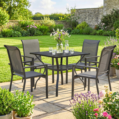 5 Pieces Outdoor Dining Set for 4, Garden Table and Stackable Chairs with Breathable Mesh Seat and Parasol Hole, Grey