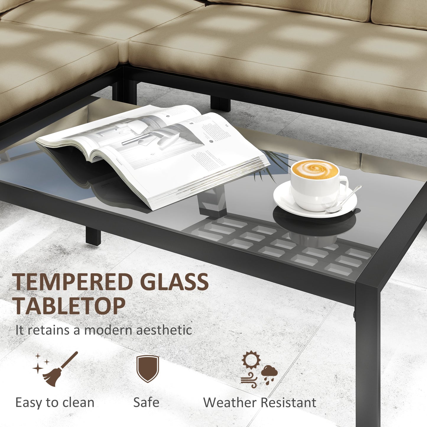 5 Seater Garden Corner Sofa Set, 4 Pieces Metal Garden Furniture Set with Loveseats, Glass Top Coffee Table