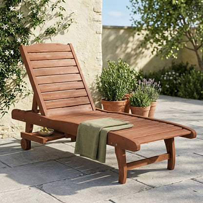 Outdoor Wooden Lounger Chair, Sun Bed with Built-In Table, Adjustable Backrest and Wheels, Red Brown