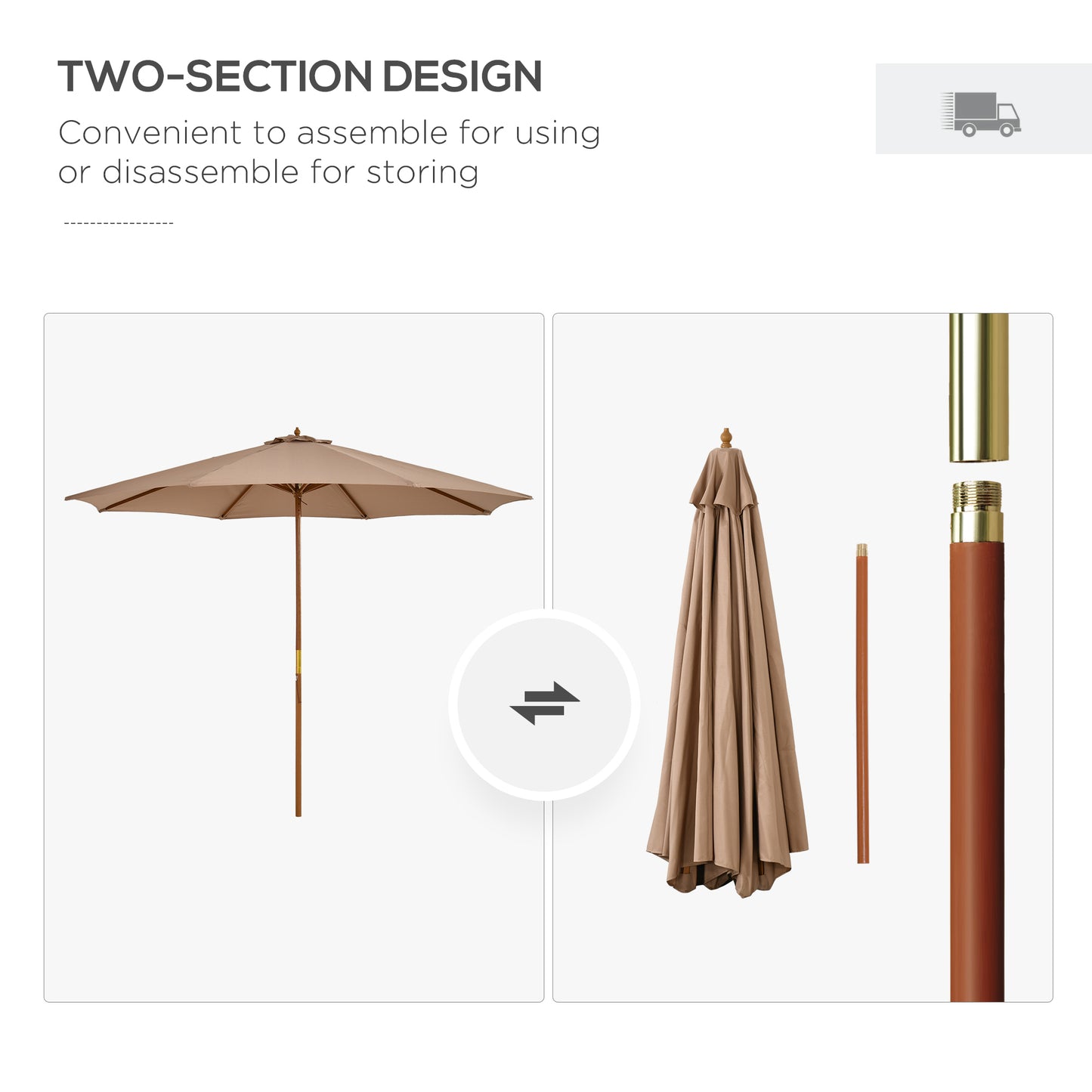 3(m) Garden Umbrella Wooden Parasol 8 Ribs Bamboo Sun Shade Patio Outdoor Umbrella Canopy Khaki