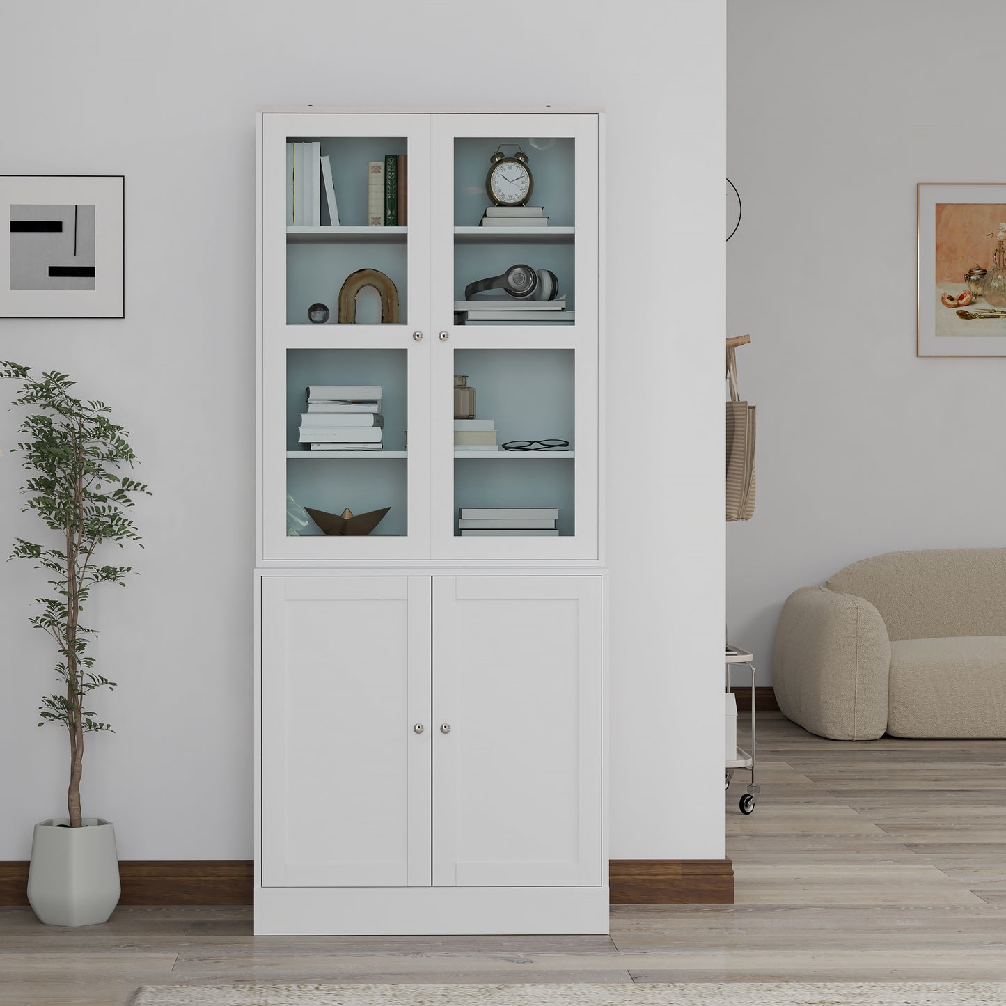 Double Storage Display Cabinet with Adjustable Shelves, MDF - White