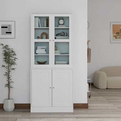 Double Storage Display Cabinet with Adjustable Shelves, MDF - White