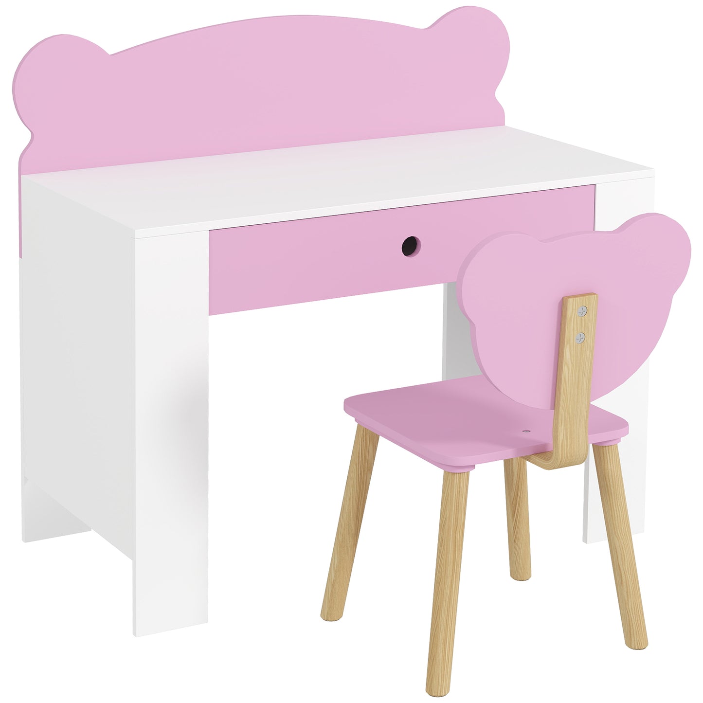 Kids Desk and Chair Set with Drawer for Drawing, Reading, Bear Theme Children Furniture for Bedroom, Daycare, Pink