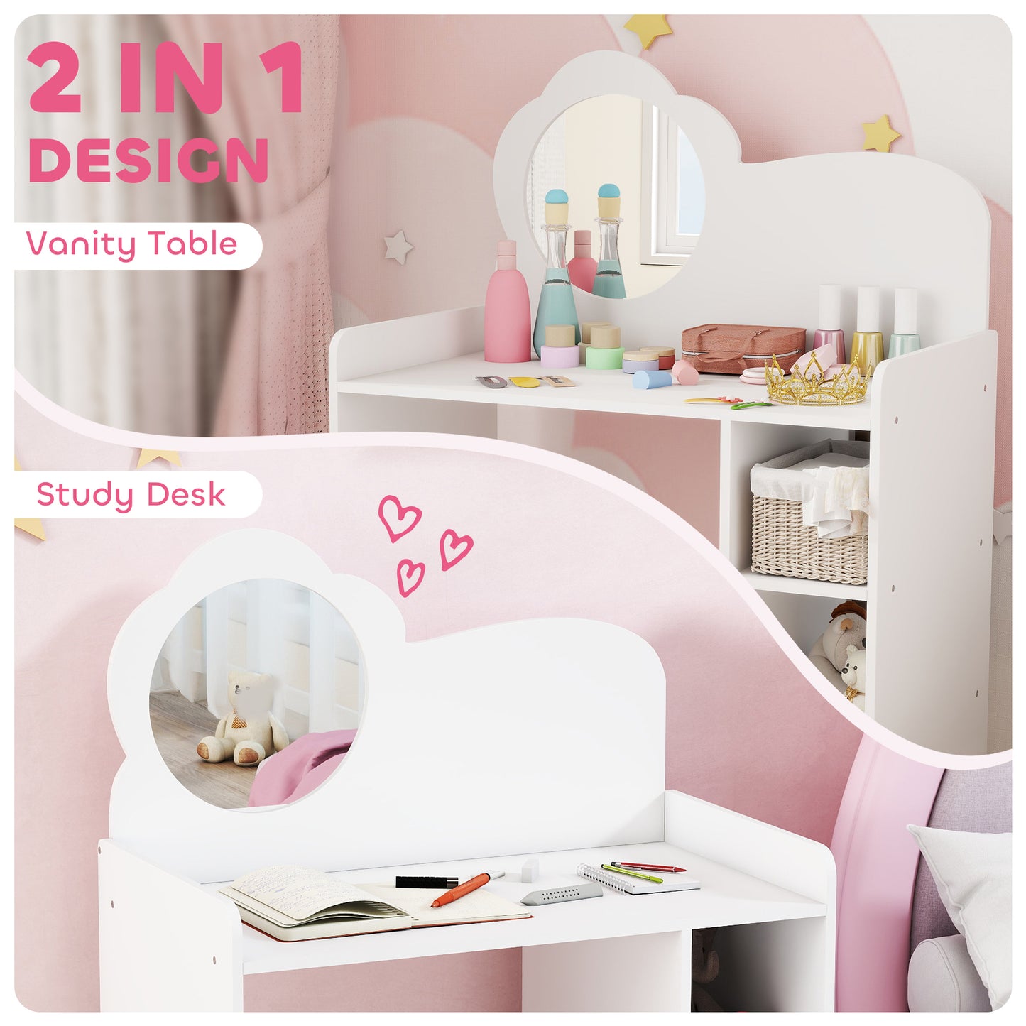 Kids Dressing Table with Mirror, Stool, Kids Vanity Table with Shelves, for Ages 3-8 Years, White