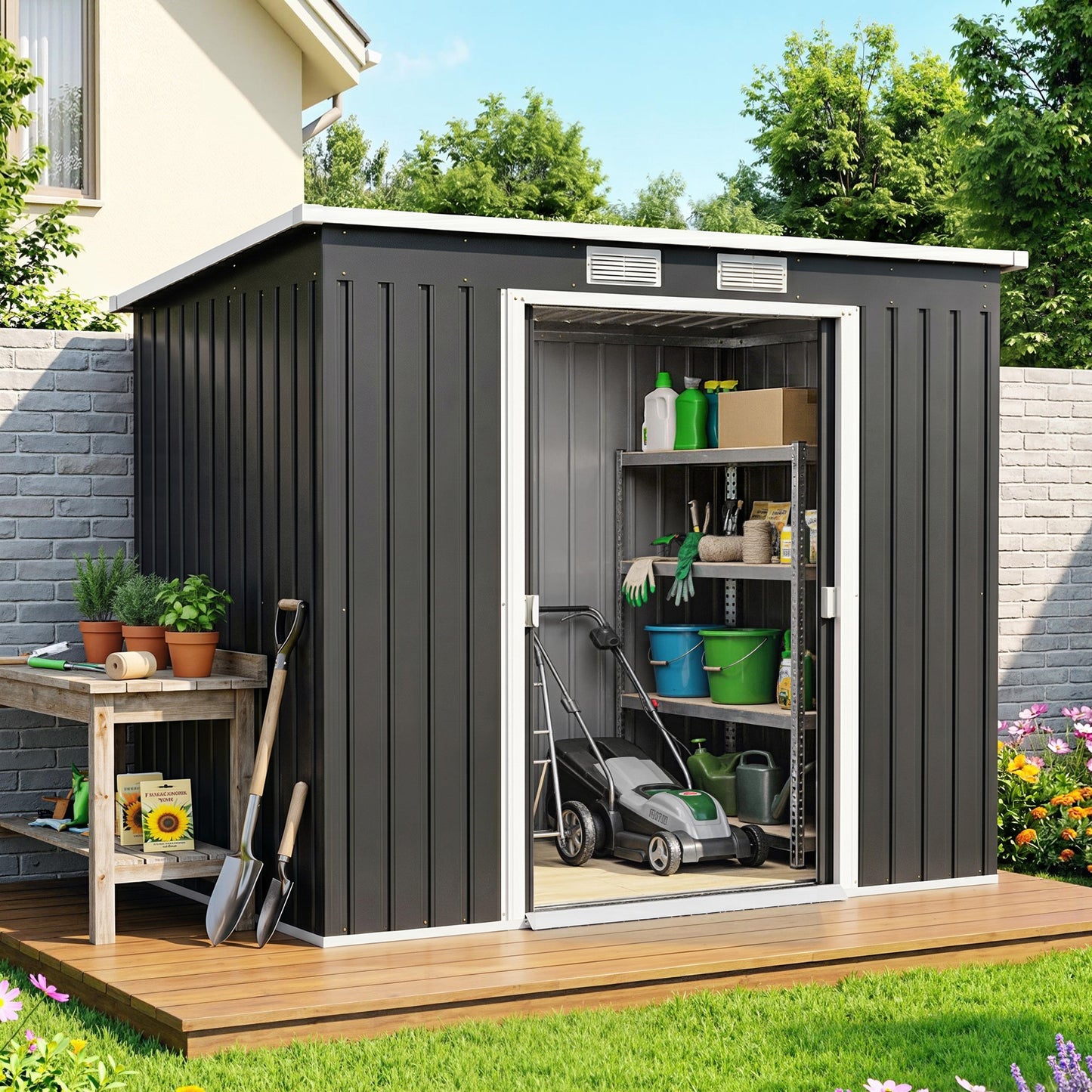 7 x 4ft Galvanised Steel Garden Shed, with Foundation Kit - Dark Grey
