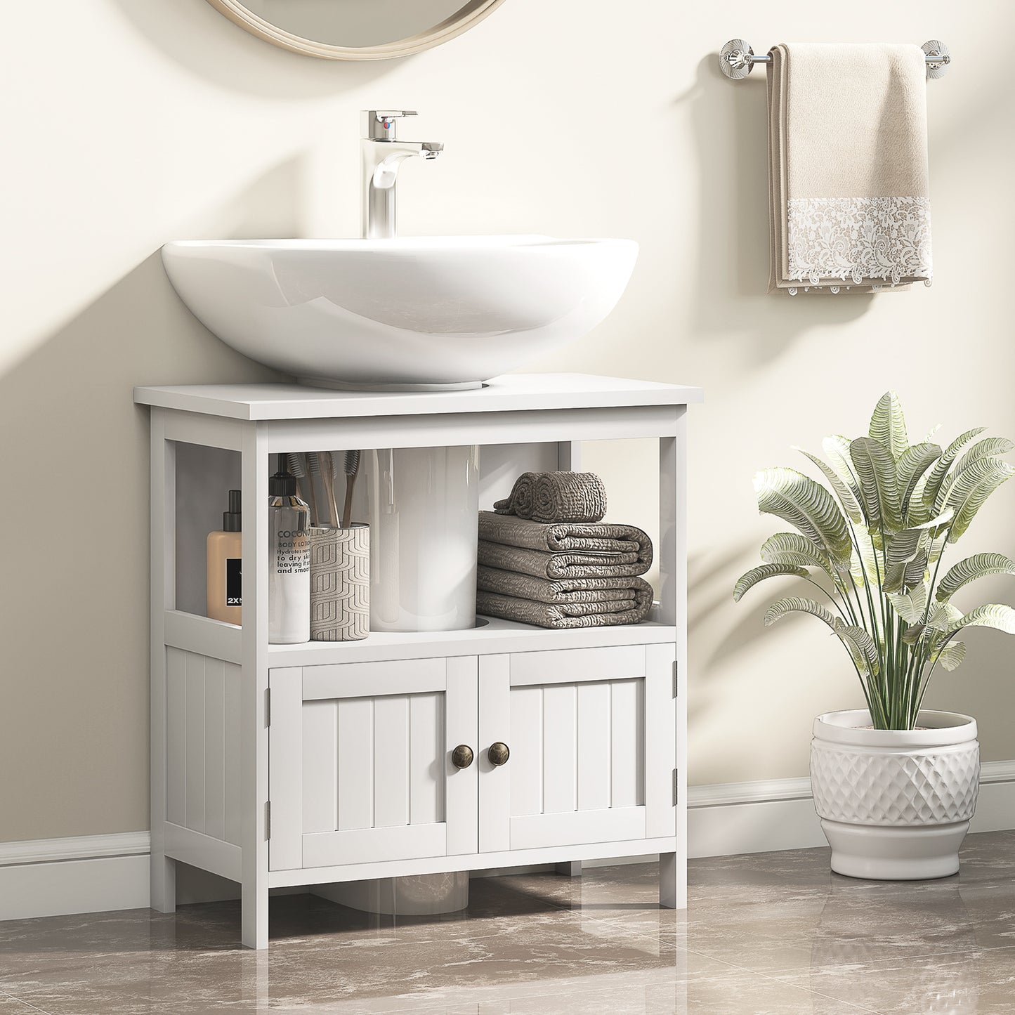 Pedestal Under Sink Cabinet with Double Doors, Modern Bathroom Vanity Storage Unit with Shelves, White