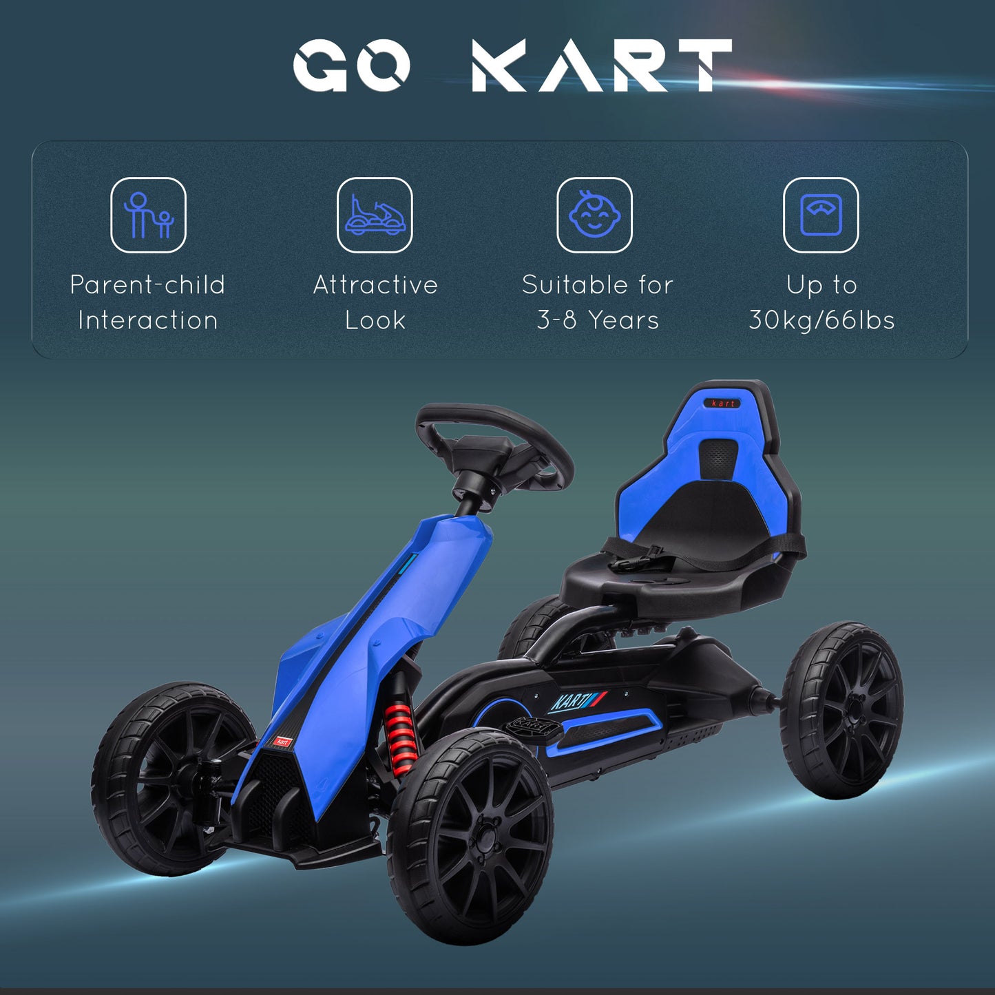 Kids Pedal Go Kart, with Adjustable Seat, EVA Wheels, Seat, Handbrake - Blue