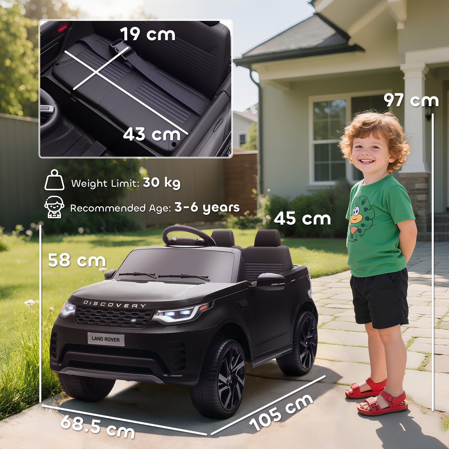 Land Rover Discovery Licensed 12V Kids Electric Car with Remote, 4 Wheel Suspension, Slow Start, Lights, Music, Black