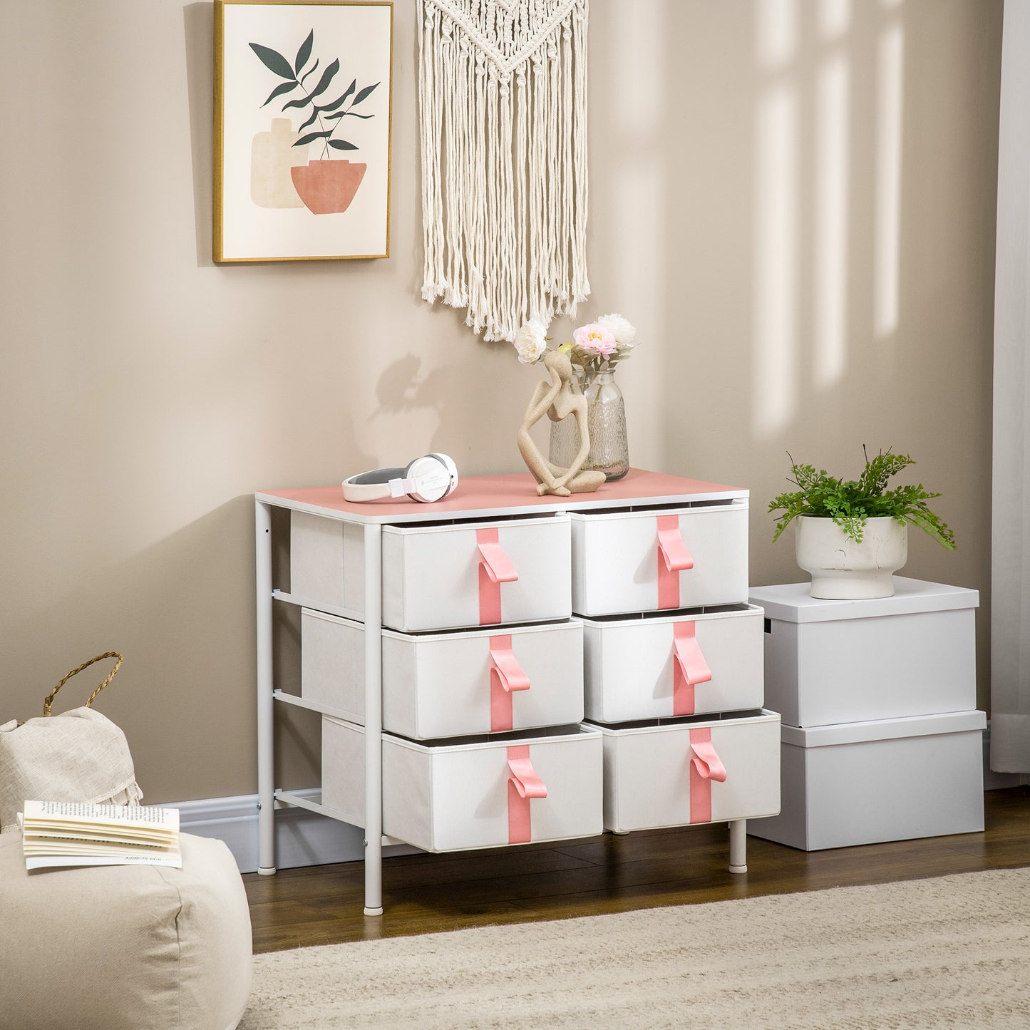 Chest of Drawers, Cloth Organizer Unit with 6 Fabric Drawers, Metal Frame and Wooden Top, Storage Cabinet for Kids Room