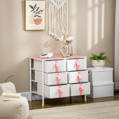 Chest of Drawers, Cloth Organizer Unit with 6 Fabric Drawers, Metal Frame and Wooden Top, Storage Cabinet for Kids Room