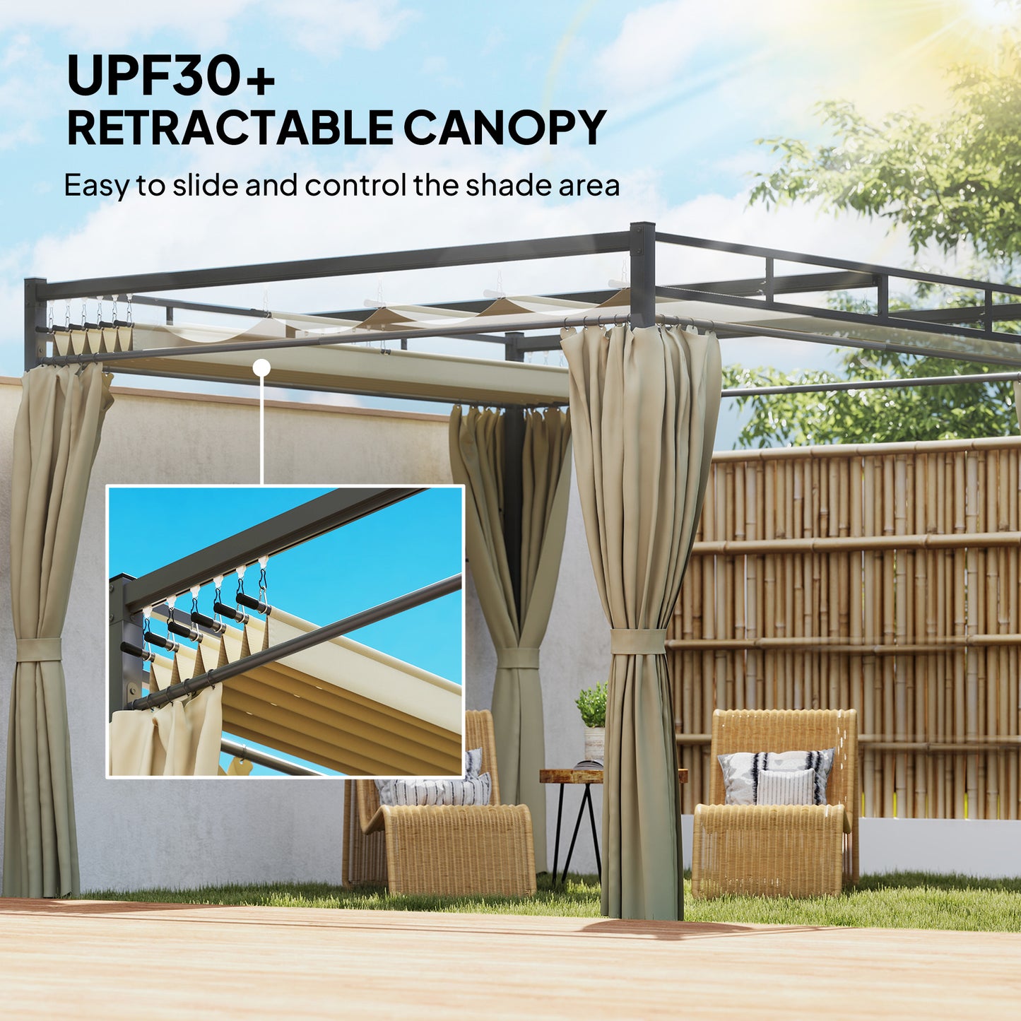 3 x 3 m Pergola with Retractable Roof Canopy and Curtains, UPF30+ Metal Frame Garden Pergola Gazebo Sun Shade, Khaki