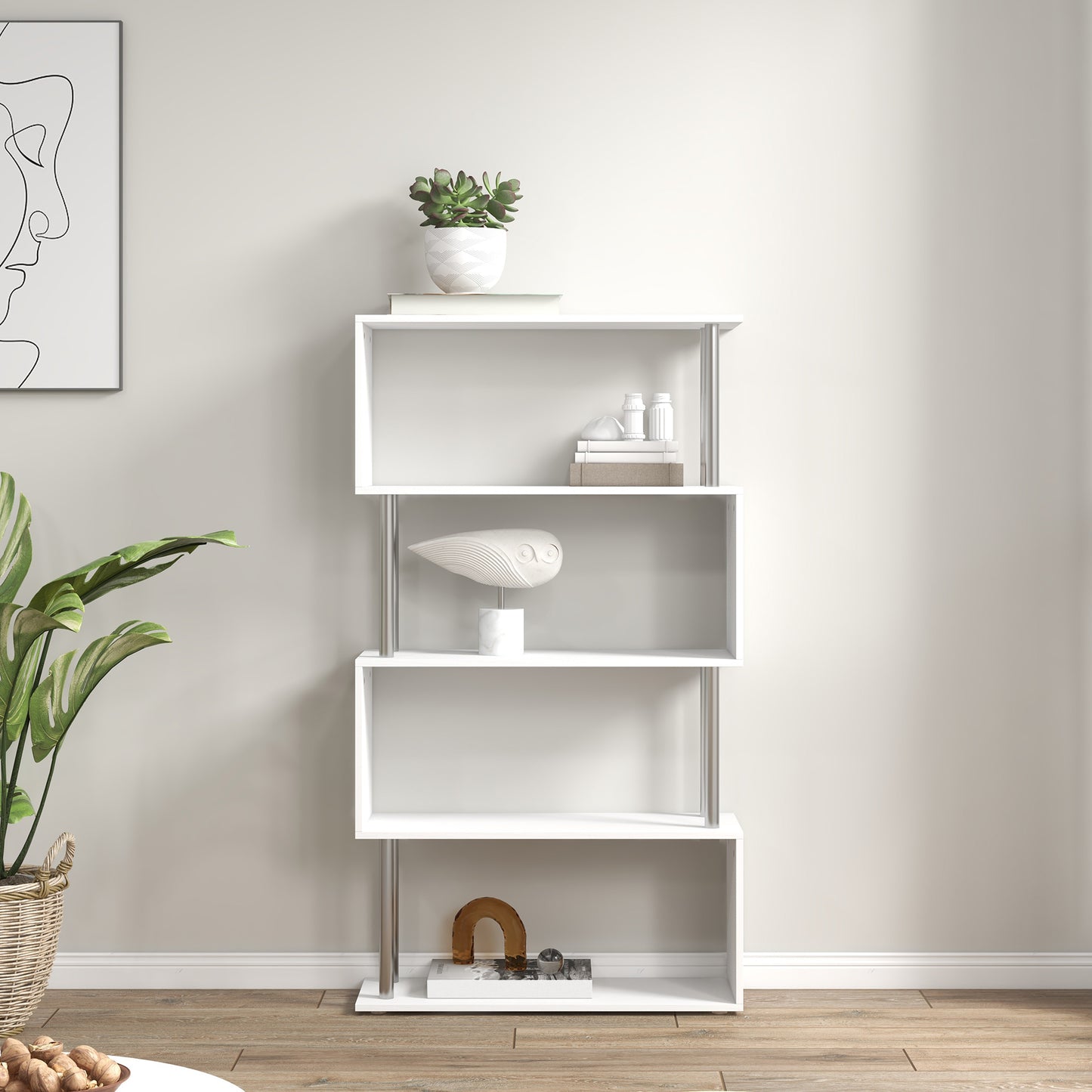 S Shape Bookcase, 5 Tiers Bookshelf, Modern Freestanding Storage Shelf for Home Office, Study, Living Room, 80 x 30 x 145cm