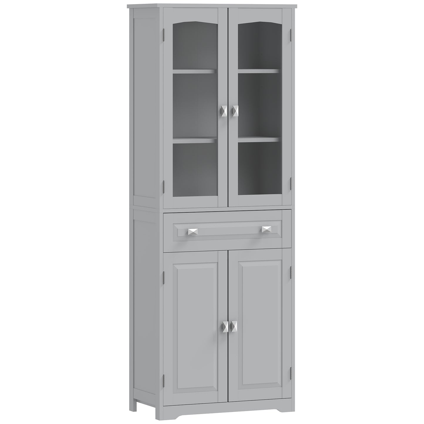 Freestanding Kitchen Cupboard, Storage Cabinet with 2 Adjustable Shelves, Drawer and Glass Door for Living Room, Grey