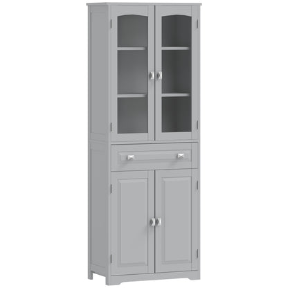 Freestanding Kitchen Cupboard, Storage Cabinet with 2 Adjustable Shelves, Drawer and Glass Door for Living Room, Grey