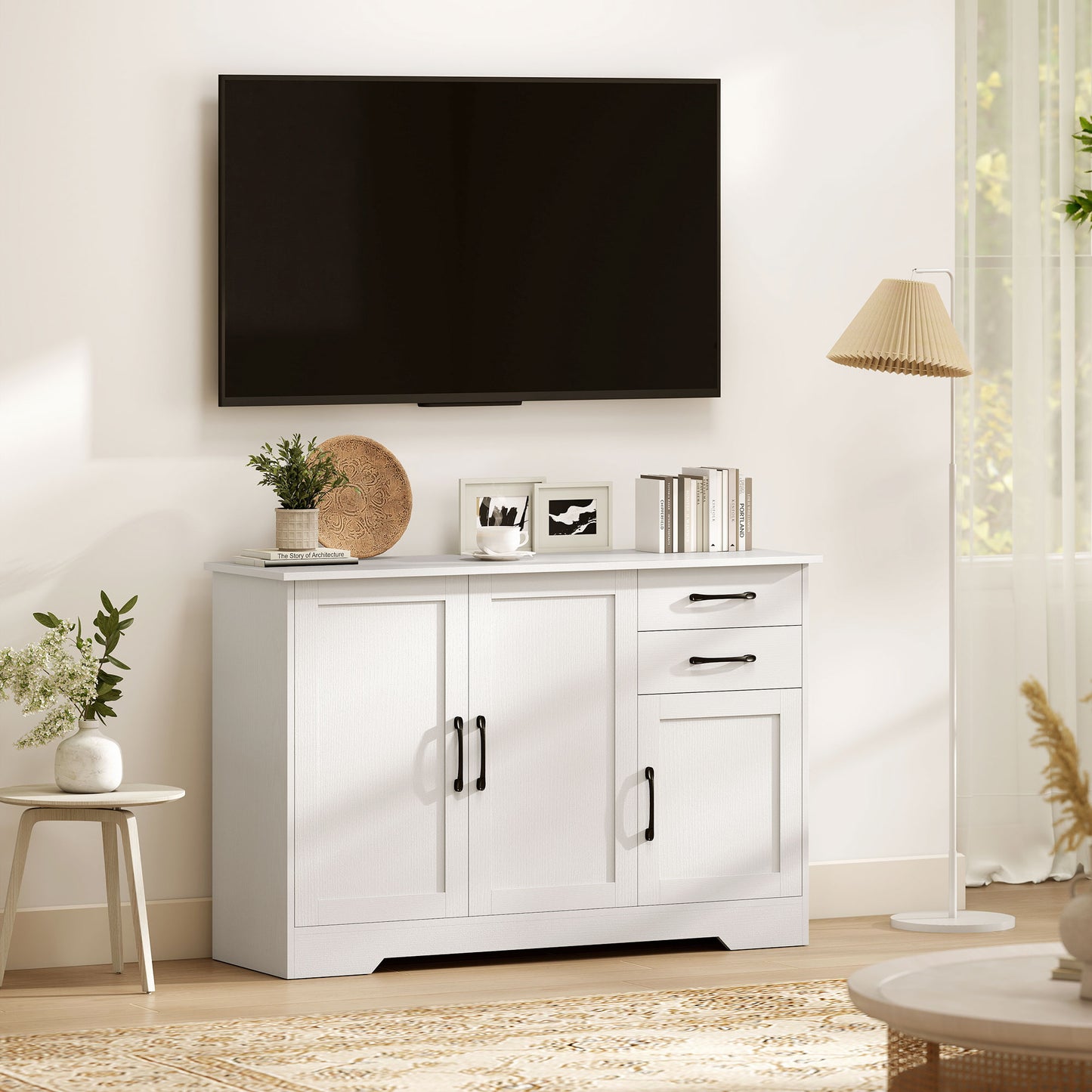 Sideboard with 2 Drawers Modern Storage Cabinet, Kitchen Cupboard with Adjustable Shelf and 3 Doors White