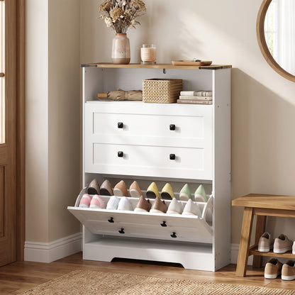 Shoe Cabinet with 2 Flip Drawers, Narrow Shoe Storage Cabinet, White