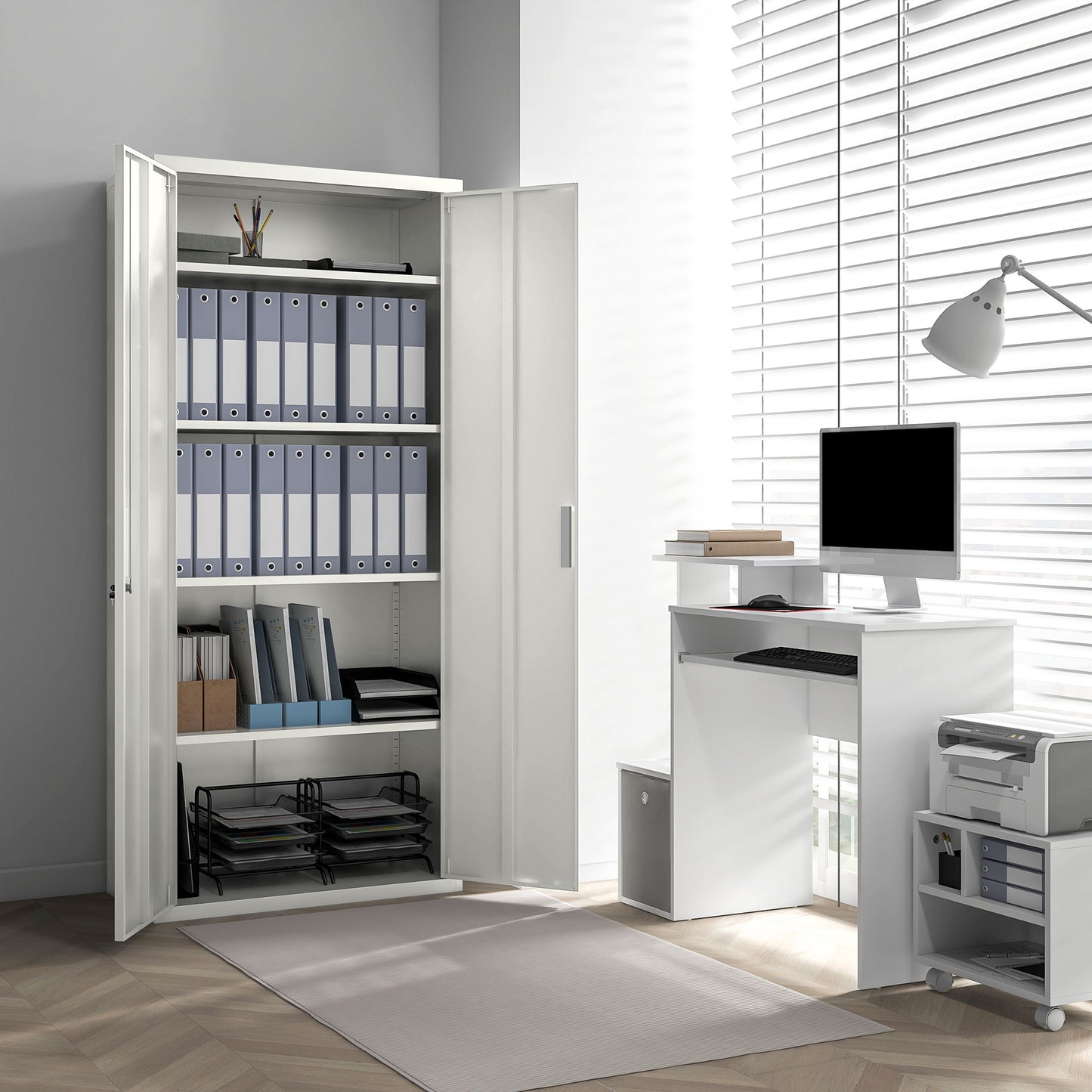 Five Shelf Lockable Steel Office Cabinet - White