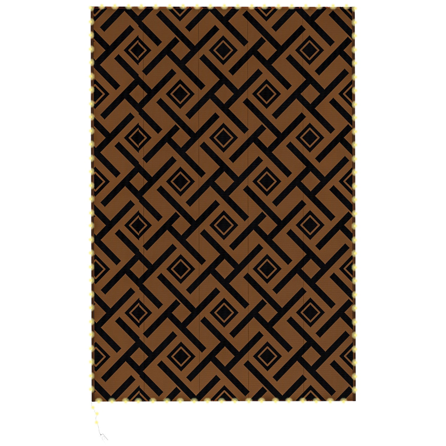 Plastic Straw Reversible RV Outdoor Rug with LED String Light, 182 x 274cm, Brown and Black