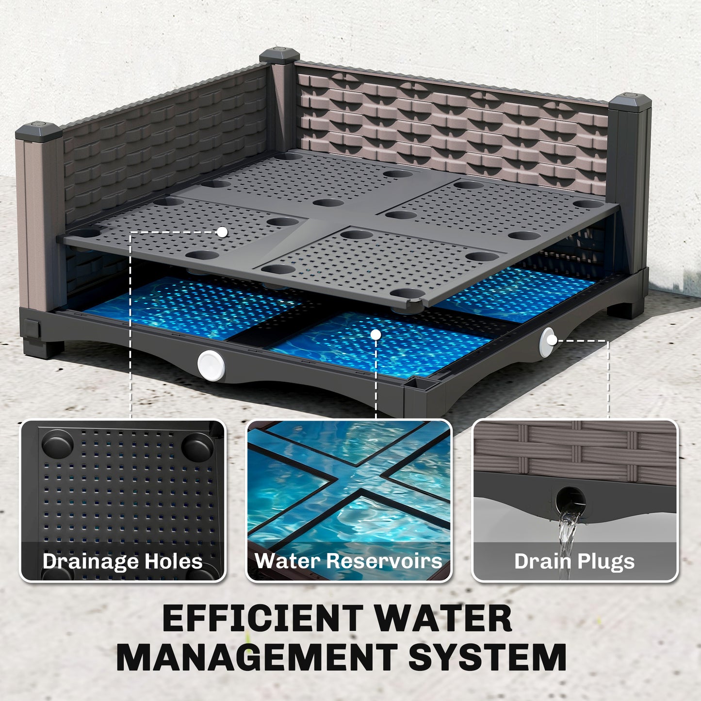 Raised Garden Bed with Trellis, Plastic Planter Box with Drainage Holes, Drain Plugs and Water Reservoirs