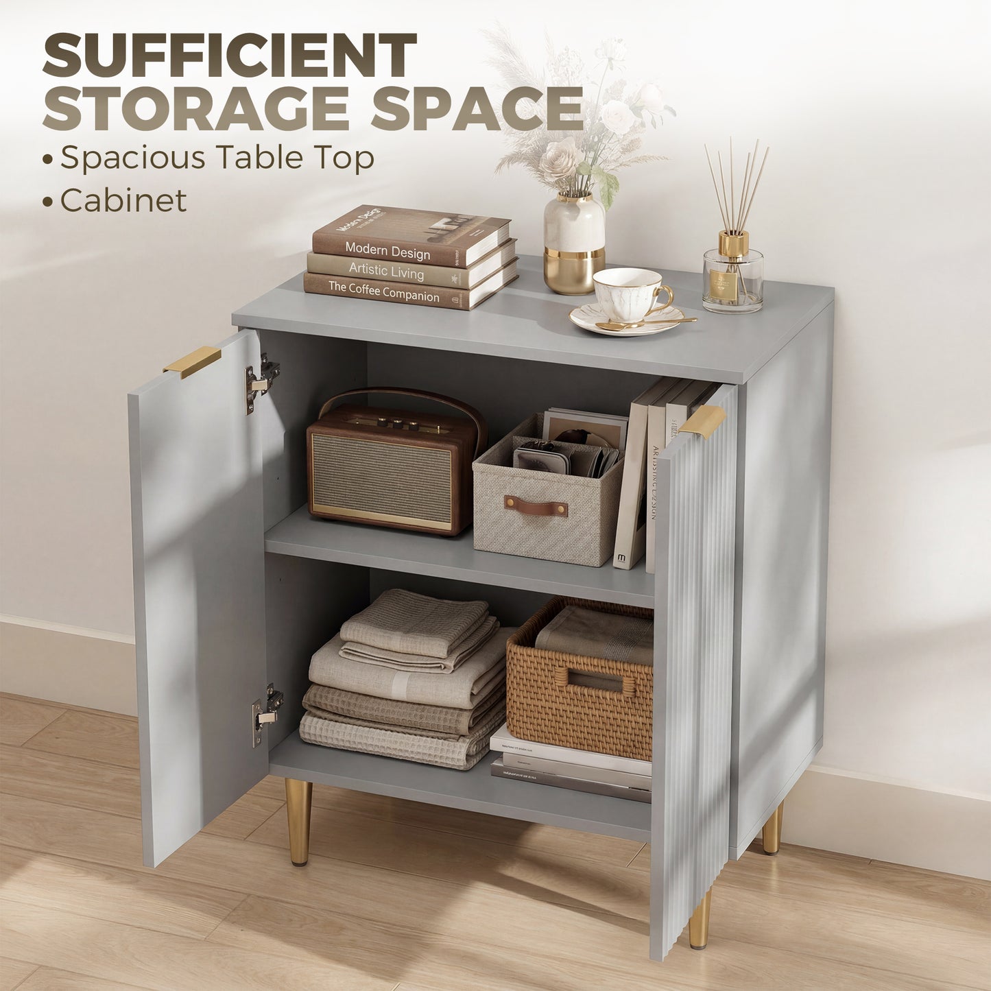 Sideboard Buffet Cabinet, Modern Kitchen Storage Cabinet with Adjustable Shelf and Metal Legs, Grey