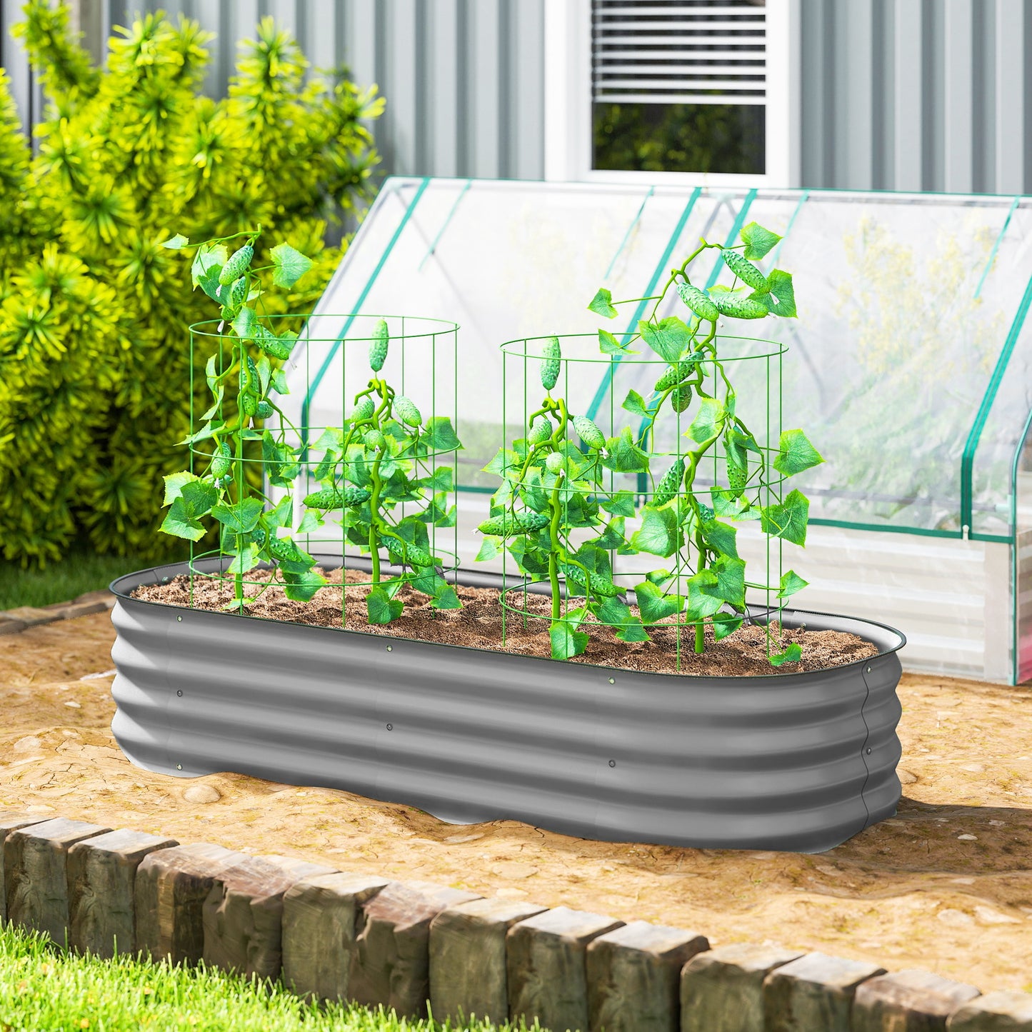 Galvanised Raised Garden Bed, Metal Planter Box with Safety Edging, for Flowers, Herbs, Succulents, Silver