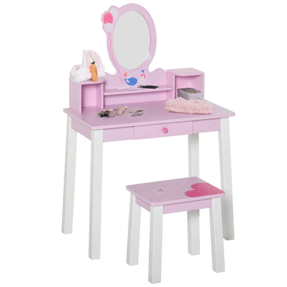 Kids Wooden Dressing Table and Stool Make Up Desk (Pink)