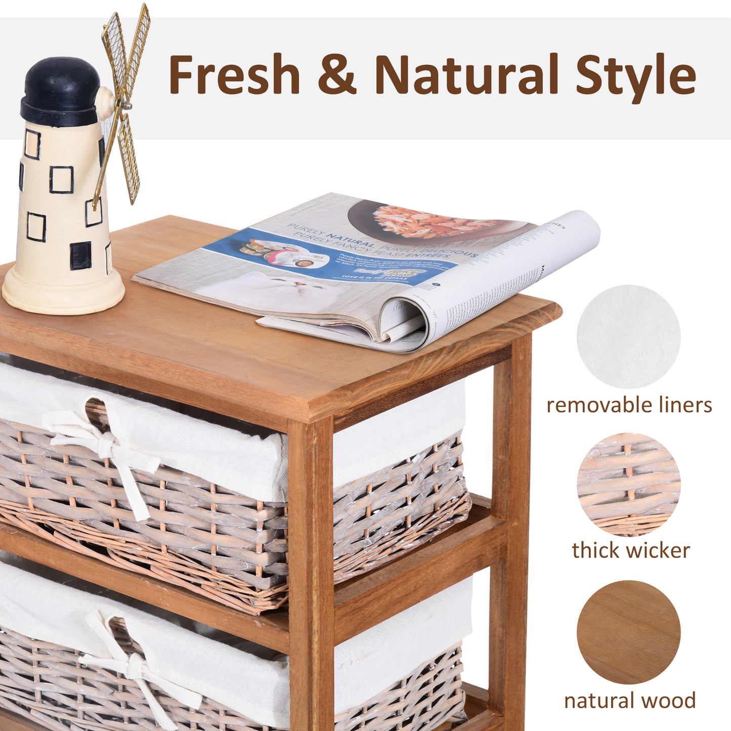 5 Drawer Dresser Wicker Basket Storage Shelf Unit Wooden Frame Home Organisation Cabinet Bedroom Office Furniture Natural Fin