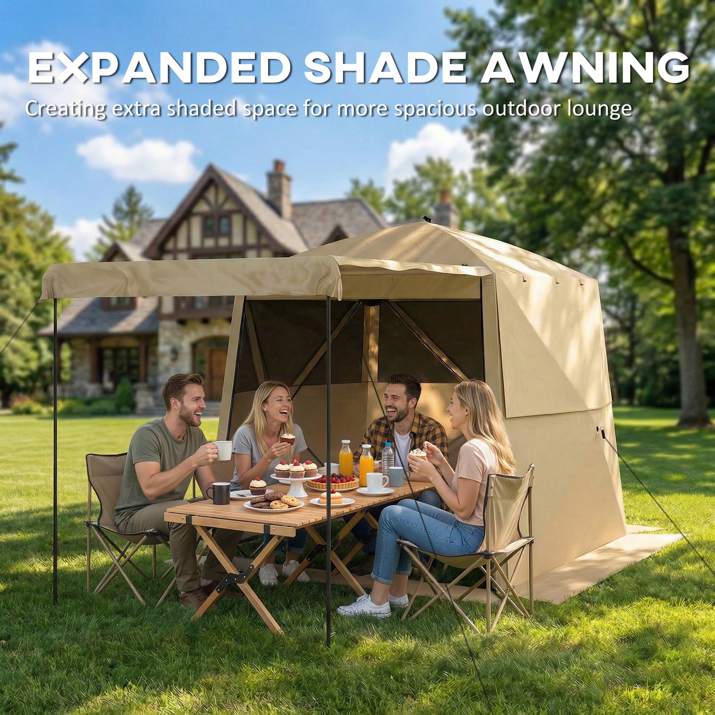 Pop Up Gazebo Waterproof Instant Shelter with Awning Mesh Windows for Camping Patio 2 x 2 m, Khaki