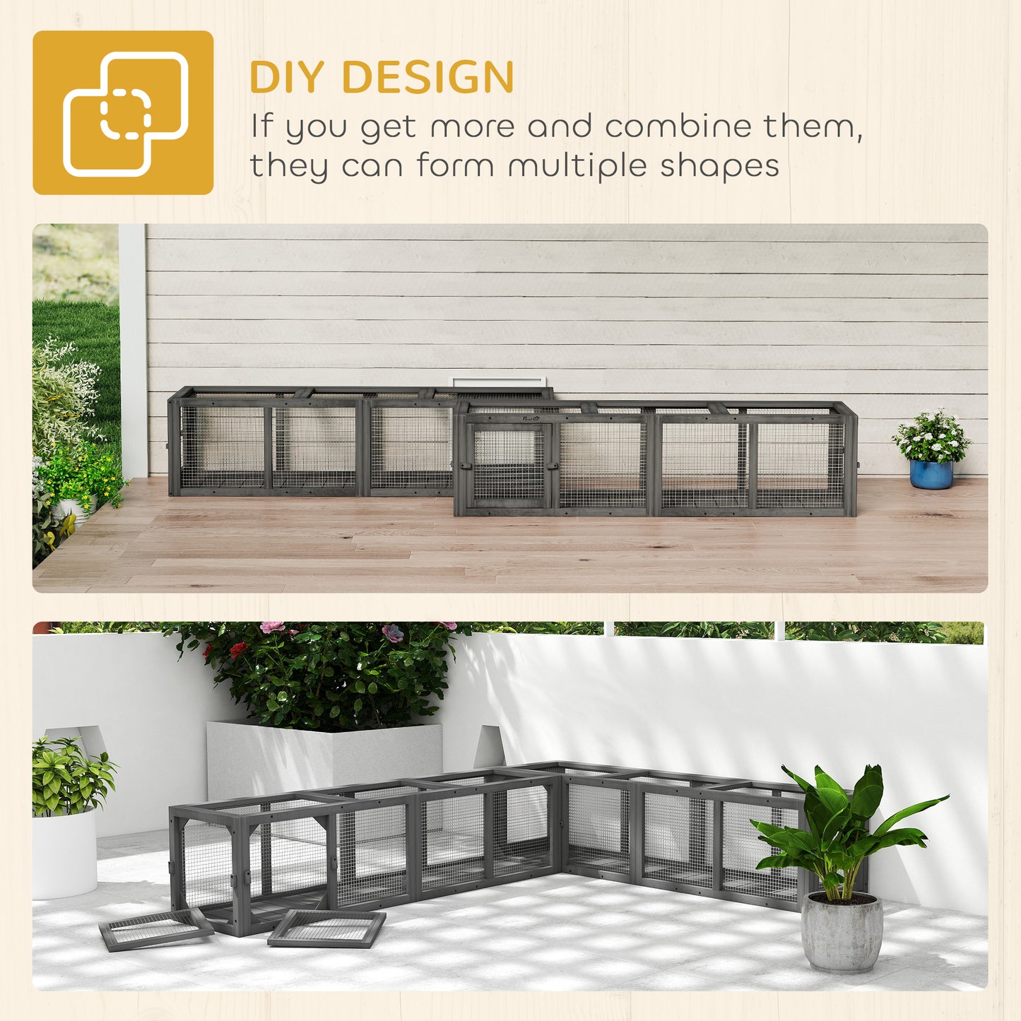 Outdoor Cat Tunnel, Wooden Play Cat Enclosure, Extendable Pet Run with 3 Doors, for Indoor and Outdoor Use, Grey