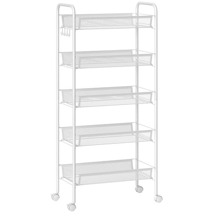 Five-Steel Mesh Basket Storage Trolley, with Wheels - White