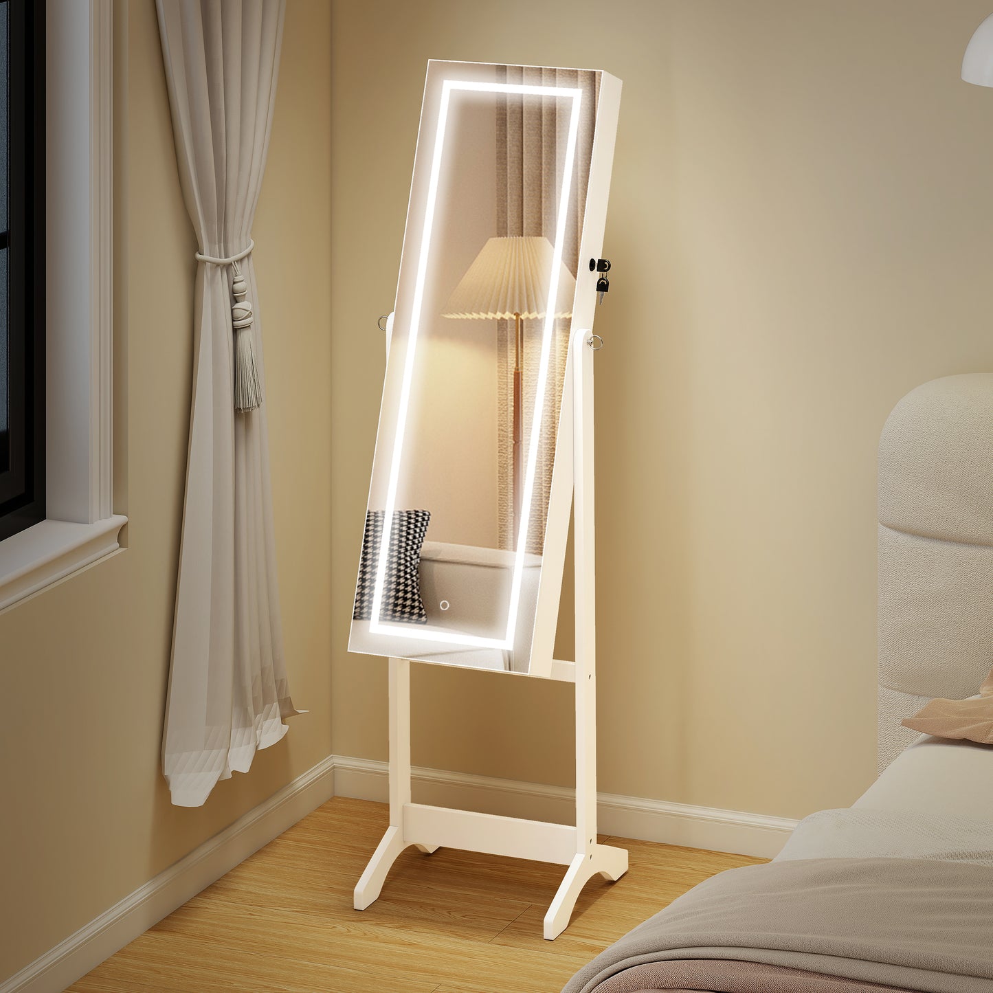 Jewellery Cabinet with LED Light, Lockable Jewellery Organiser with Full-Length Mirror for Bedroom Dressing Room, White