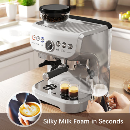 15 Bar Coffee Machine with 15 Adjustable Grind Setting, Steamer and Complete Kit - Silver Colour