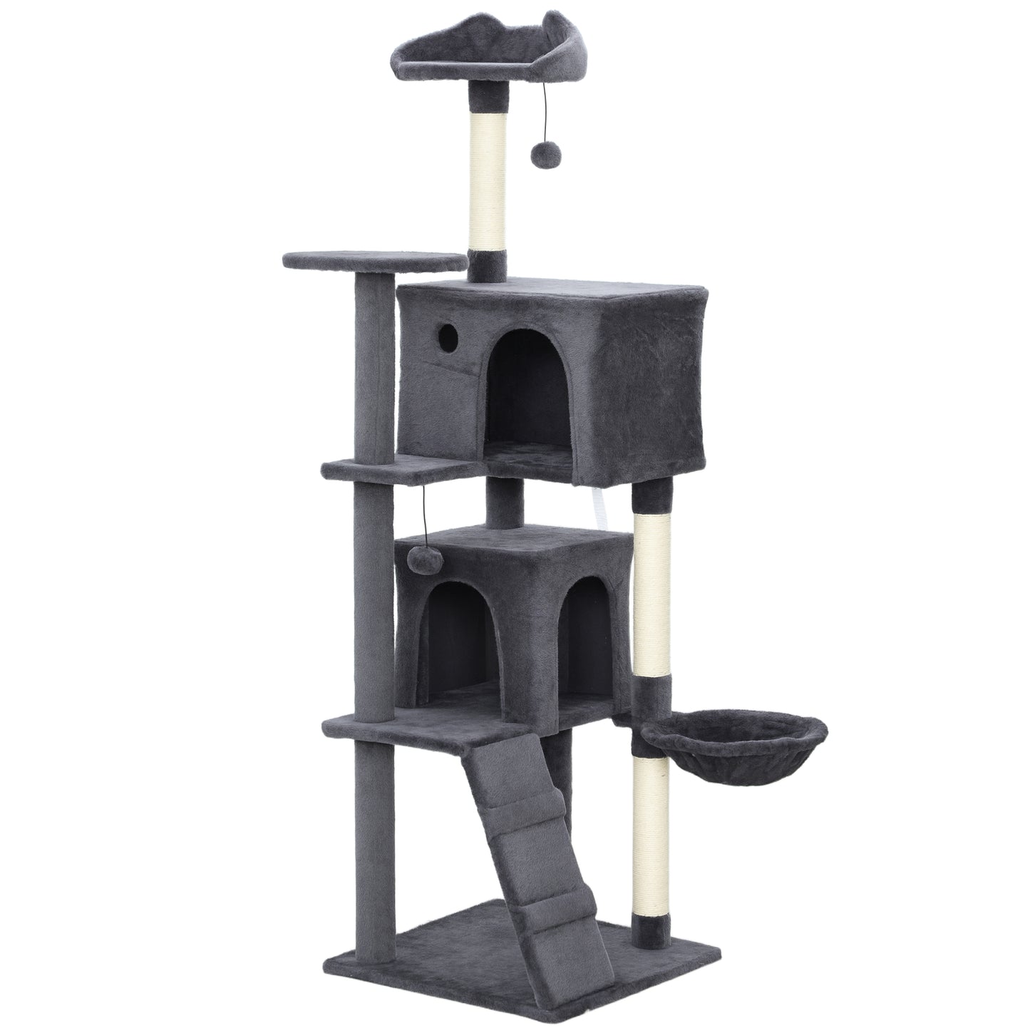 160cm Large Cat Tree Tower with Sisal Scratching Posts, Condos, Plush Perches, Hammock, Ladder, Dark Grey